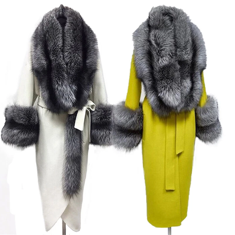 Women Wool Coat Real Silver Fox Fur Collar Wide Fox Sleeves Warm Thick Jacket - Image 2 of 4