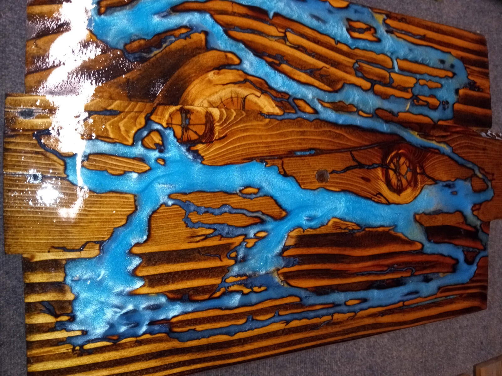 Handmade fractal-burned wood and epoxy resin end table for modern decor-image