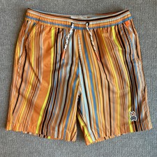 Psycho Bunny Boy  s Sz 10/12 Geometric Stretch Swim Trunks Shorts Orange Clay