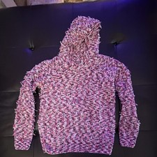 DKNY Girls Hooded Pullover Sweater L-14/16 Pink Purple White Knit Long Sleeve