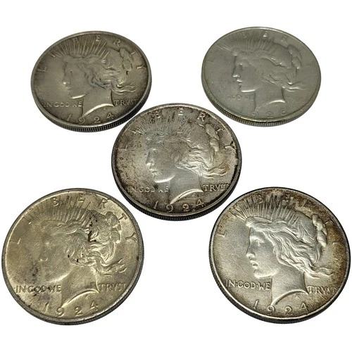 5 Peace Silver Dollars 1924 1926 $1 Lot 90% Silver