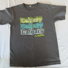 Calgary,Alberta souvenir t-shirt retro-style vibrant green, blue & white SZ XS/S