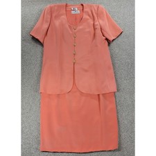 VTG HELGA Saks Fifth Avenue Skirt Set Womens L Coral Rhinestone Button Two Piece