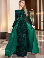 Romagic Modest Stretch Sequin Full Sleeve Evening PartyGown Mermaid Formal Dress