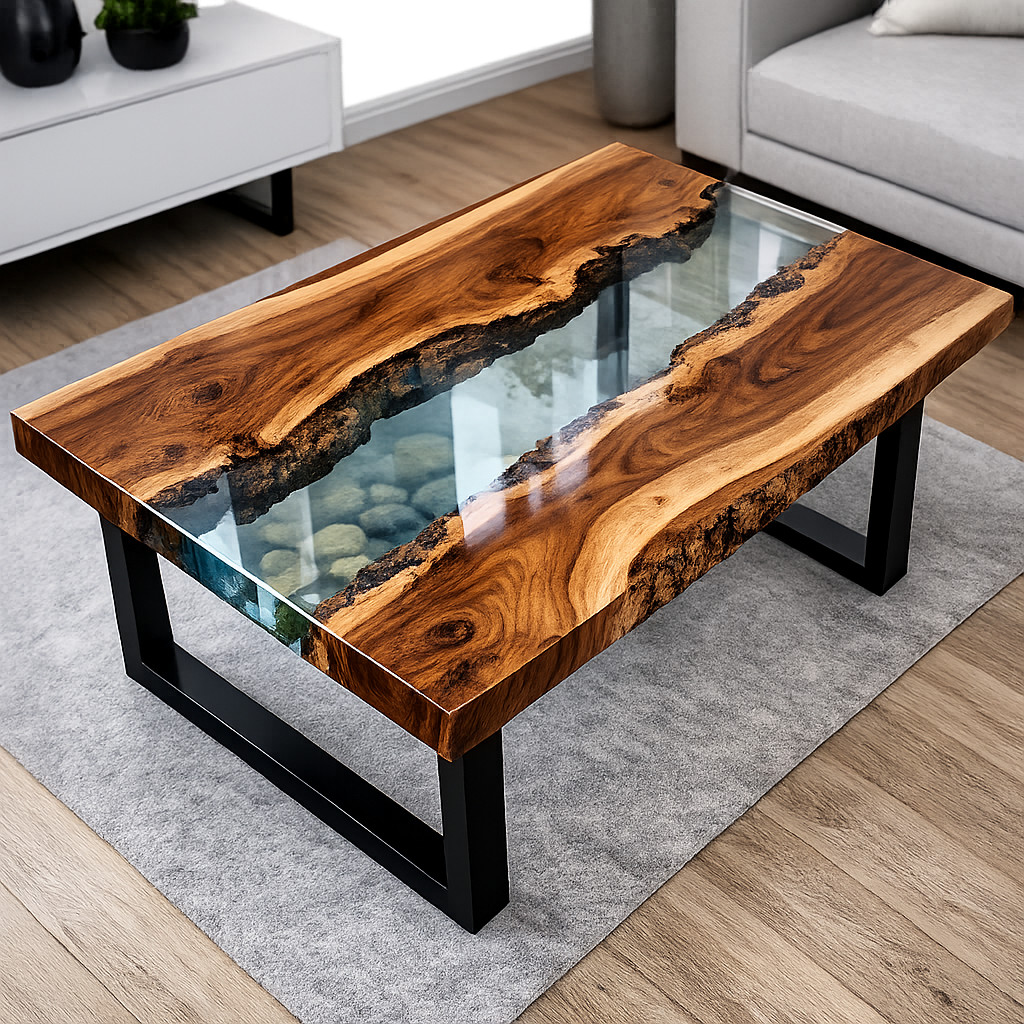 Live Edge Wood Coffee Table Clear Epoxy Resin River Table with Stones