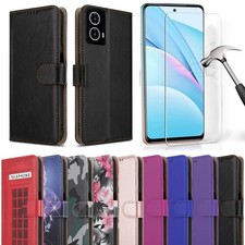 Case For Motorola Moto G34 5G, Leather Wallet Flip Phone Cover & Tempered Glass