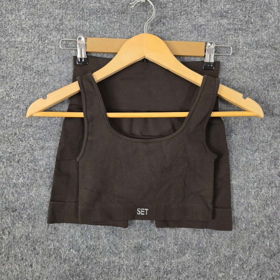 SET Active Set Small Brown Sculptflex Ribbed Square Neck Bra Shorts Yoga Pilates