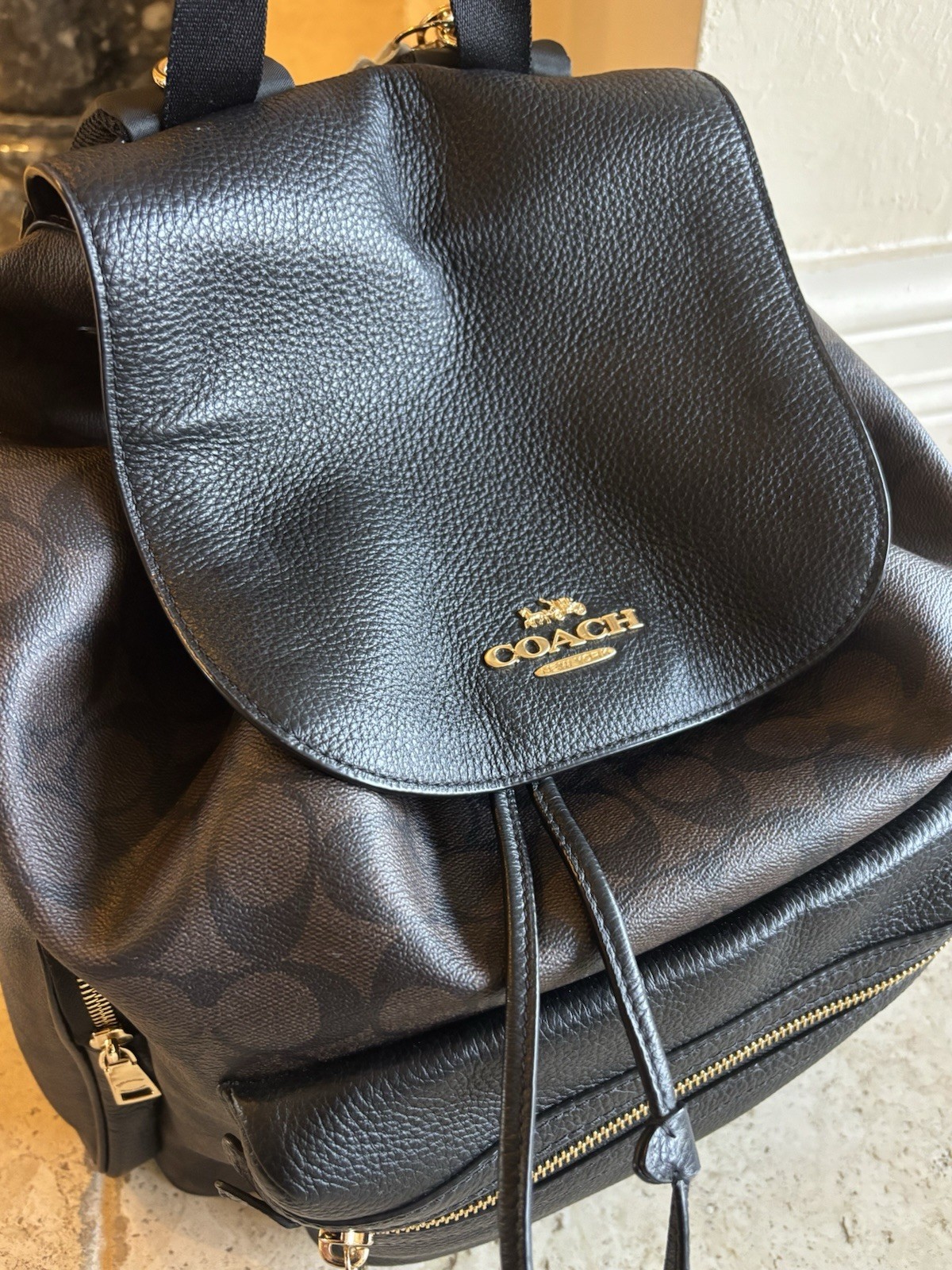 Coach Logo Backpack Black/Brown Gold Hardware Designer Women's Bag thumbnail 4