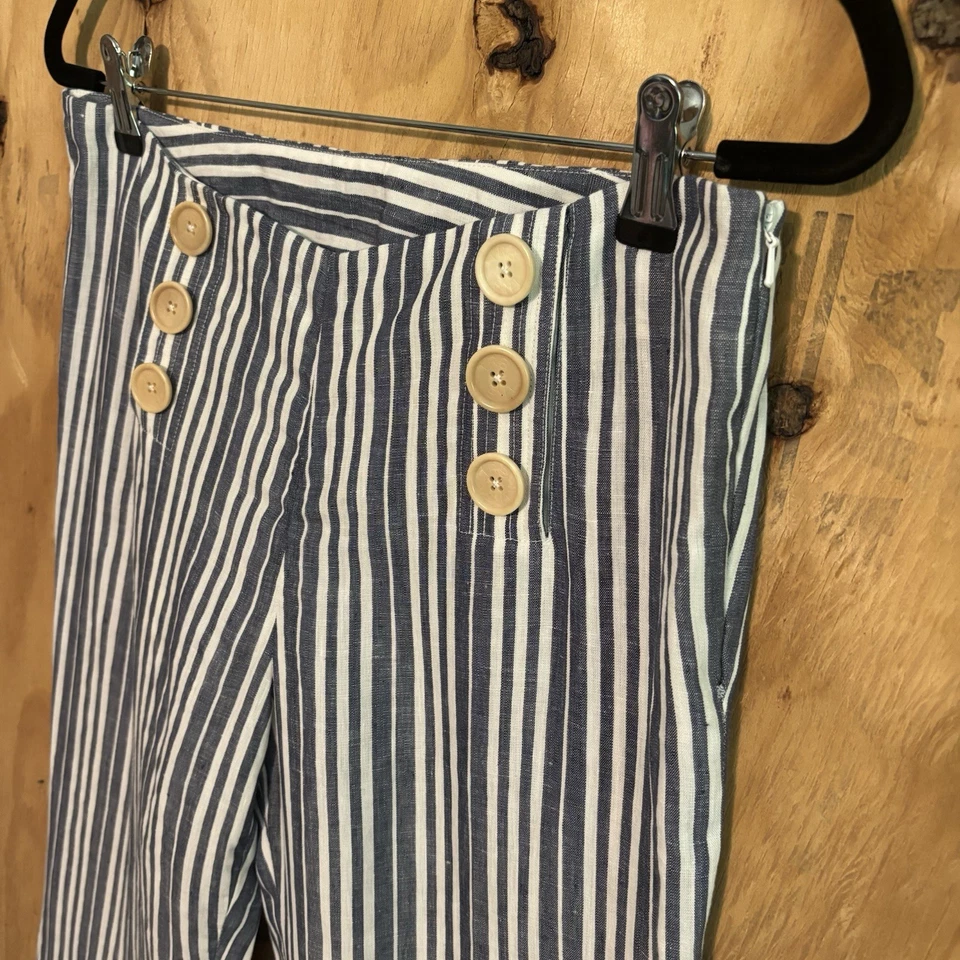Tory Burch 100% Linen Wide Leg Blue White Striped Pants Sz 6 Nautical  - Image 2 of 4