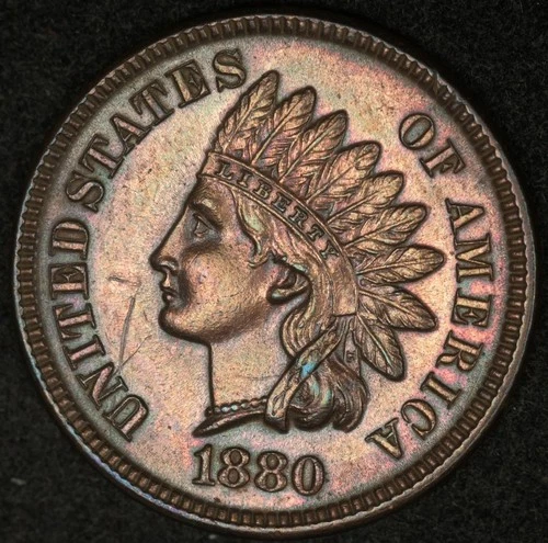 1880 INDIAN HEAD CENT UNCIRCULATED DETAILS COLOR TONED