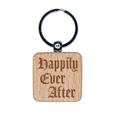 Happily Ever After Fairy Tale Wedding Old Text Engraved Wood Square Keychain