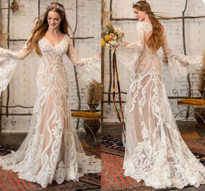 Mermaid Bohemian Boho Champagne Nude Wedding Dress with Back Buttons Lace | eBay Mermaid Bohemian Boho Champagne Nude Wedding Dress with Back Buttons Lace | eBay