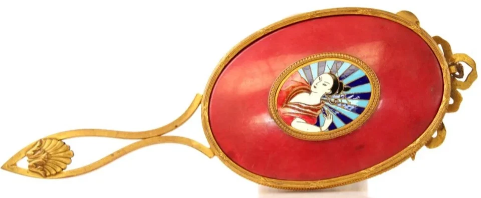 MIROIR A MAIN doré émaillé bronze 19e GEISHA JAPON ancien vintage antique 1 - Photo 3/4