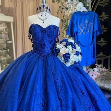 Royal Blue Quinceanera Dresses Glitter Crystal 3D Flowers Ball Gowns Sweet 15 16