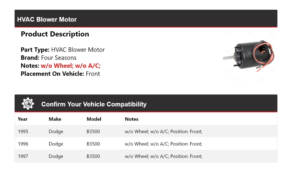 Двигатель переднего вентилятора для Dodge B3500 1995-1997 годов выпуска 4 сезона 1996 - Изображение 2 из 4