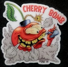 CHERRY BOMB STICKER "SMOKING CHERRIES" 2 3/4 X 2 3/4" GLOSSY THICK WATERPROOF 