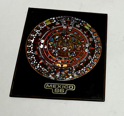 MEXICO 86 Aztec Sun Stone Metal Framed Wall Decoration 6.5