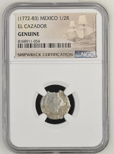 1772-1783 Mexico 1/2 Real El Cazador Silver Shipwreck Coin NGC Graded #054