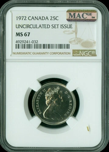 1972 CANADA 25 CENTS NGC MS67 PQ 2ND FINEST GRADE MAC SPOTLESS *
