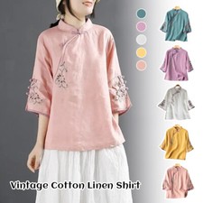 Chinese Tang Suit Shirt Cotton Linen Embroidery Blouse Womens Elegant Hanfu Tops