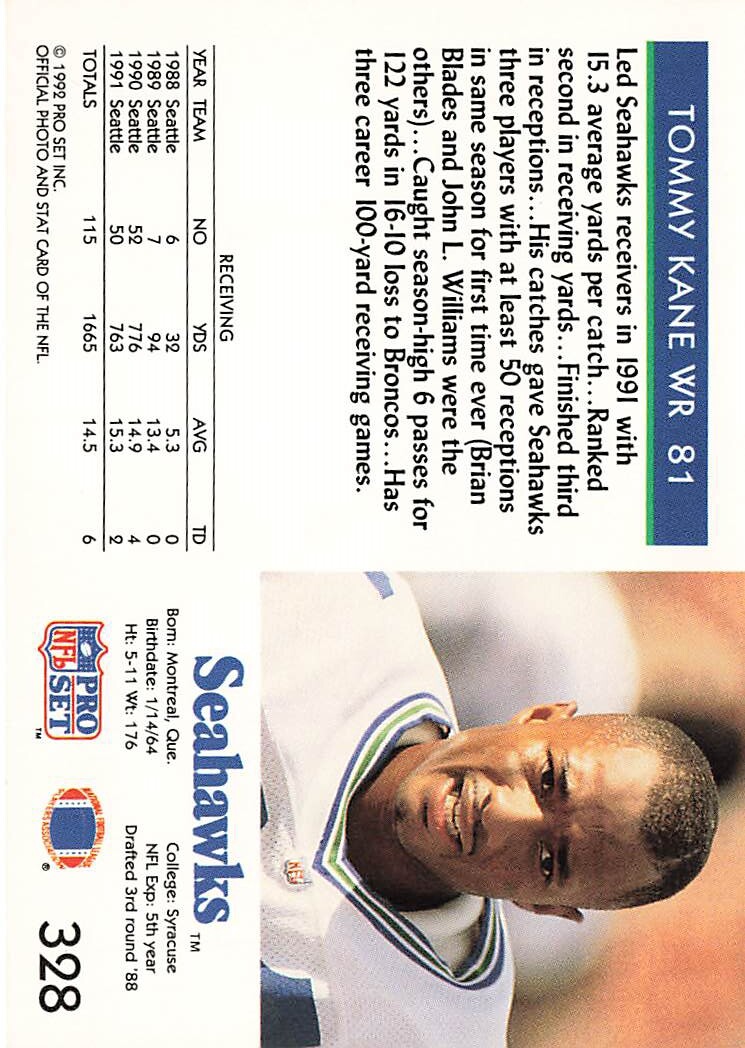 1992 Pro Set #328 Tommy Kane Seattle Seahawks | eBay
