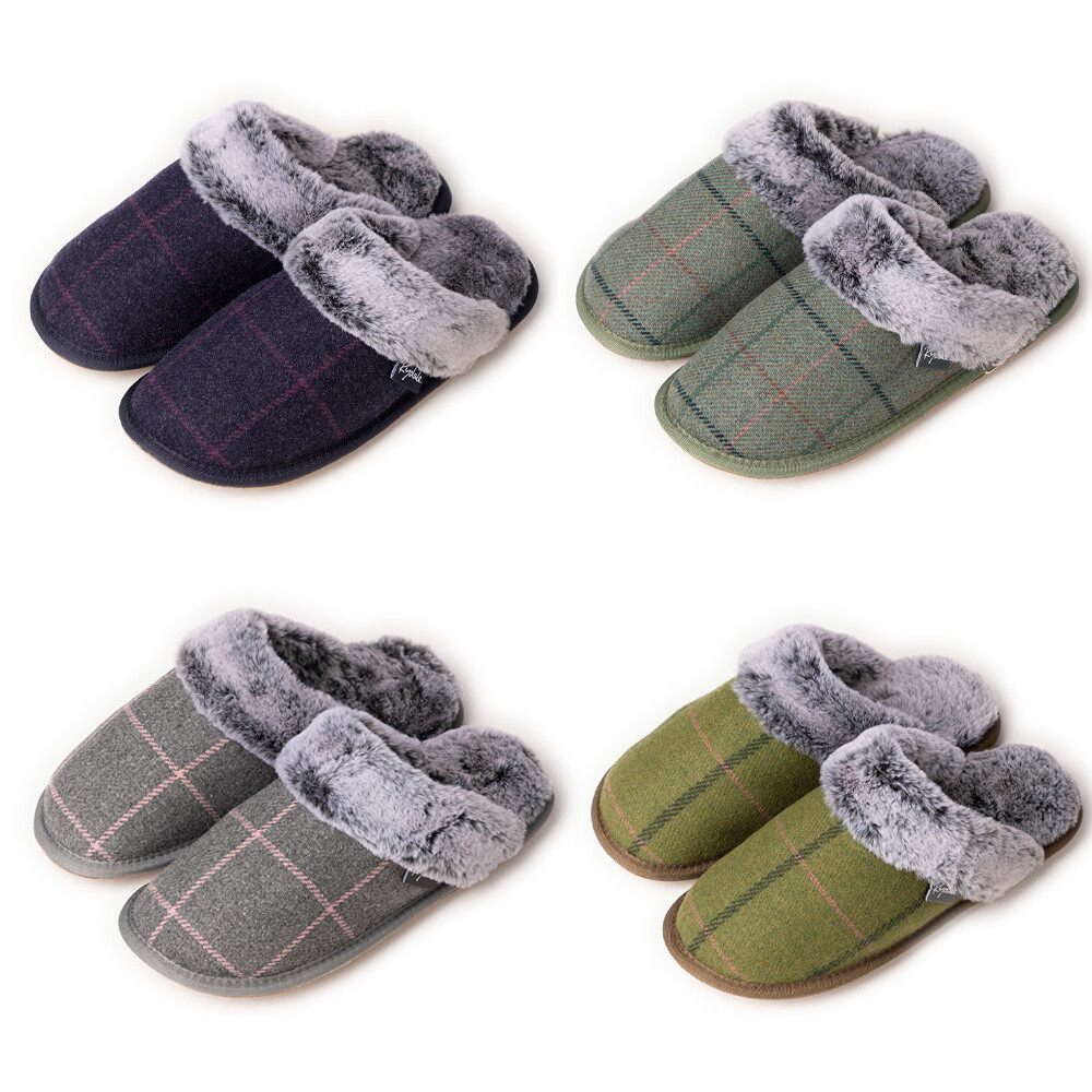 SAOLA Ciabatte Rydale tweed lusso suola rigida slip on mule pantofole pelliccia sintetica 4 colori