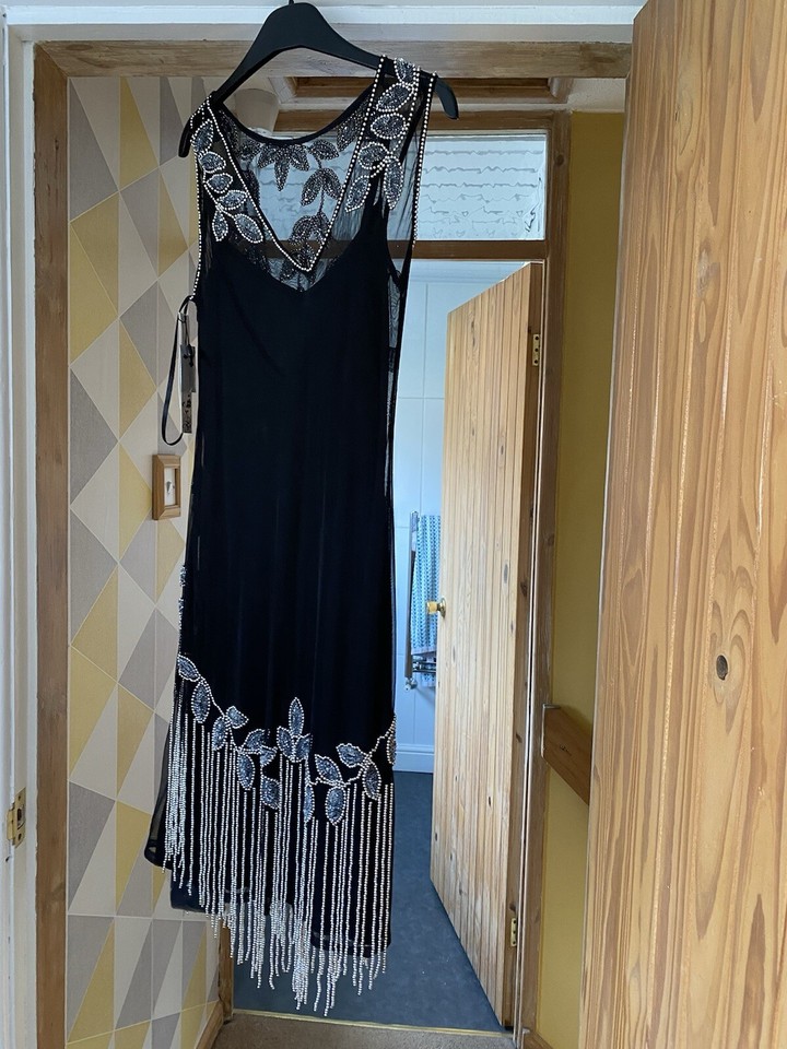 ROMAN Embellished Beaded flapper dress UK 16 New Black With Silver eBay