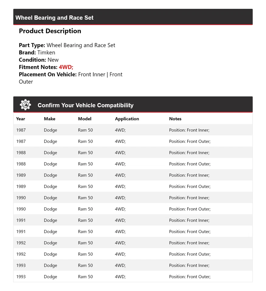 Juego de cojinetes de rueda y carreras Timken 1988 1989 1990 para Dodge Ram 50 1987-1993 4x4 Foto 2 de 4