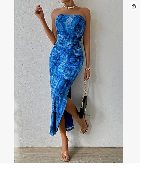 Women's Maxi Bodycon Dresses XXL Strapless Tube Printed Long Blue Color NWT