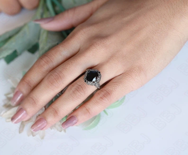 Vintage Black Silver Oval Engagement Ring - Gothic Wedding Jewelry Handmade Ring - Image 3 of 4