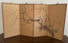 Vintage MCM Japanese Style Gold Silk 4-Panel Screen Asian Art Birds Tree Flowers