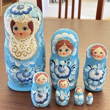Matryoshka Hand Painted Matte Finish Blue Raised Gold Wood Nesting Doll Set 7 Pc