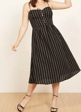 NWT REFORMATION Serena 100% Linen Striped Dress with Pockets - 8 - Black Beige