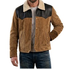 Giacca cowboy uomo vera pelle scamosciata pura collo pelliccia shearling marrone taglia XL