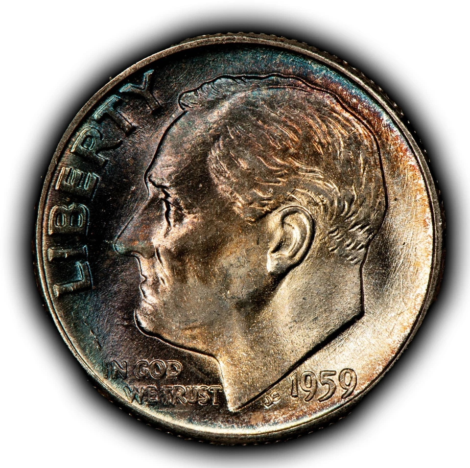 1959 10c Silver Roosevelt Dime - PQ Rainbow Toning - BU - SKU-Z6336 - Image 4 of 4