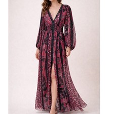 TOV Los Angeles Mixed Leopard Floral Maxi Dress Pink Burgundy Smocked Waist 44 F