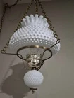 Hurricane Swag Hanging Hobnail Milk Glass Lamp 12’ Chain Vtg