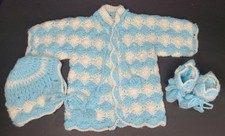 Vntg 70s Blue Knitted Babys Layette Set Size 3-9 Months