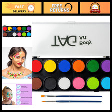 12 Color Face  Body Paint Palette - Safe Wax-Based Makeup, 2 Brushes Included