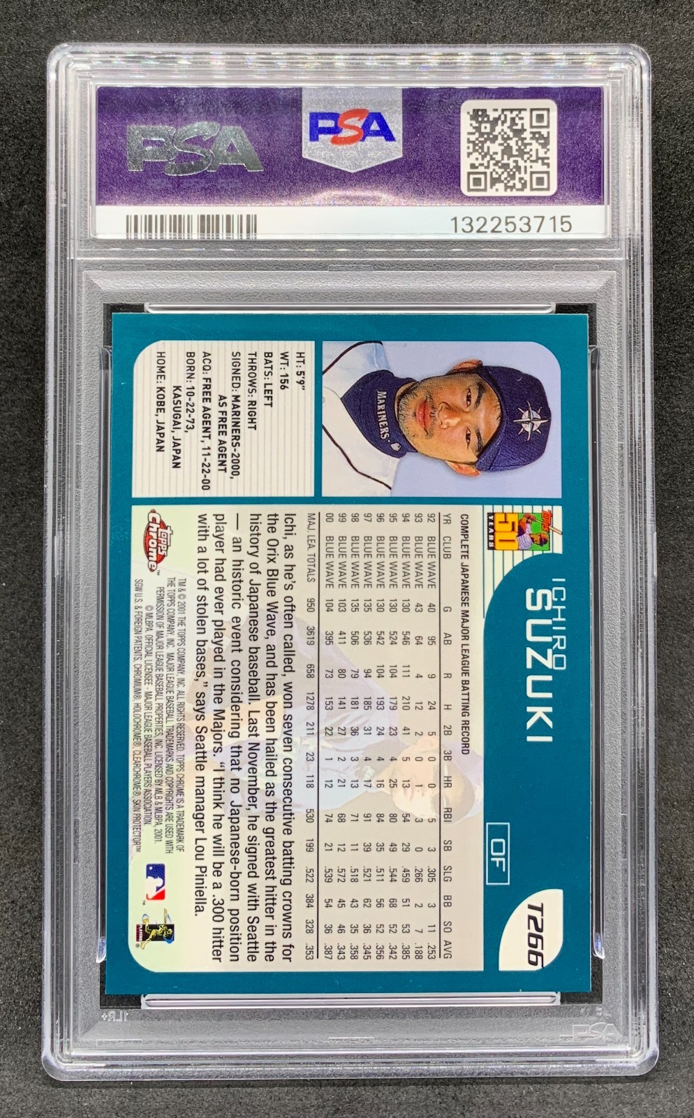 2001 Topps Chrome Traded ICHIRO SUZUKI Mariners HOF Rookie RC #266 Mint PSA 9 view 2