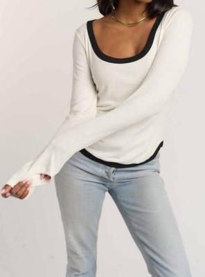 Project Social T Contrast Scoop Neck Rib Long Sleeve Top Ivory/black