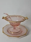 Vintage Guilded & Etched Mayonnaise Set Depression Glass Bowl With plate Spoon