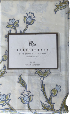 Pottery Barn Pillow Sham Deva Printed Floral Euro Cream Blue Green Cotton NWT