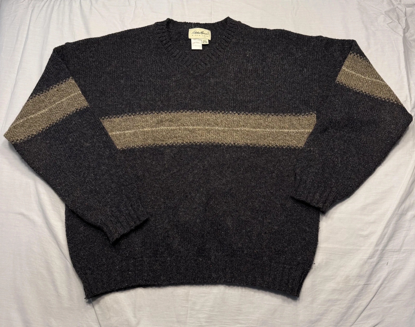 Vintage Eddie Bauer Sweater Mens XL Gray Stripe V Neck Wool Pullover Made USA