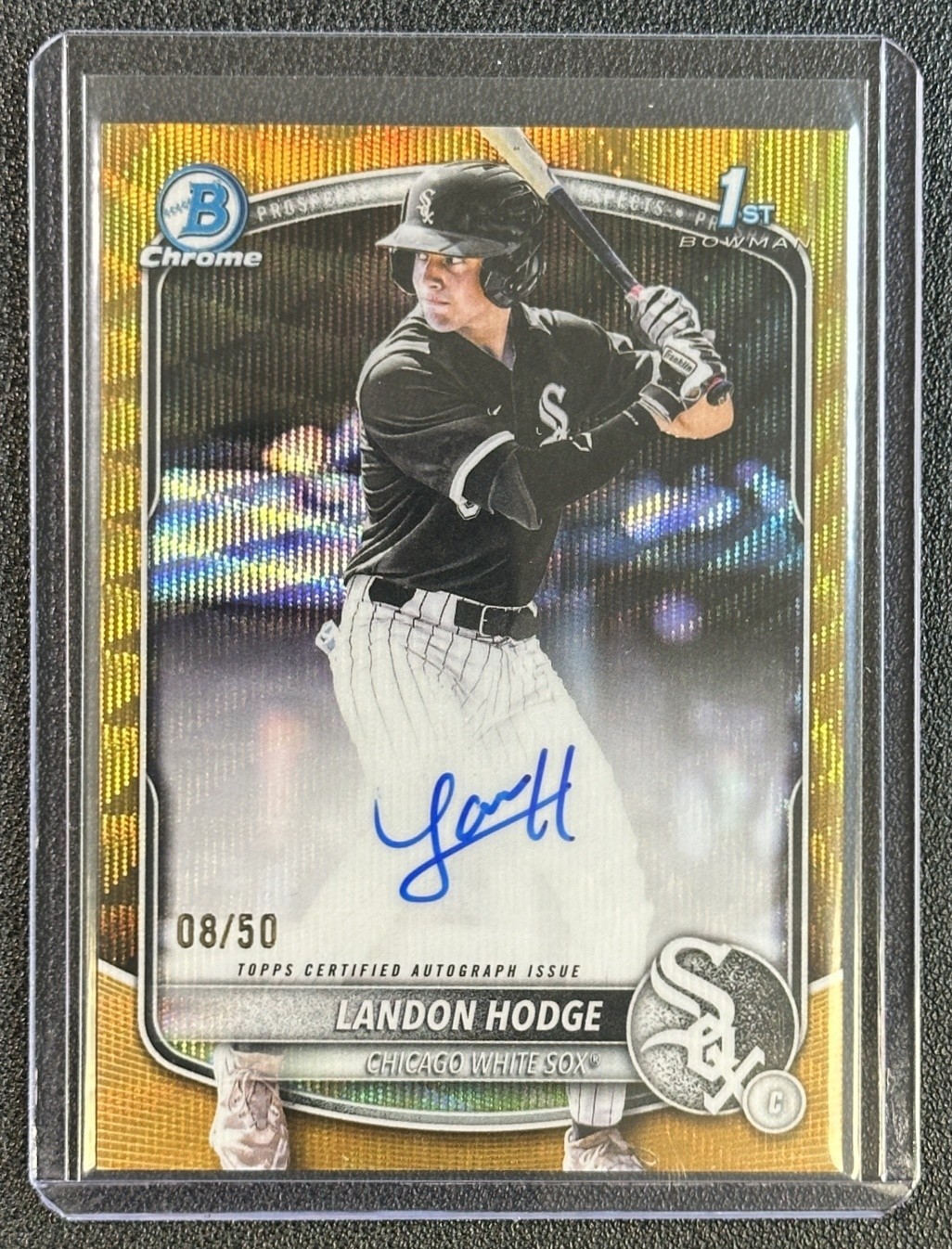 LANDON HODGE 2025 BOWMAN DRAFT CHROME AUTO GOLD WAVE REFRACTOR 1ST PROSPECT 8/50