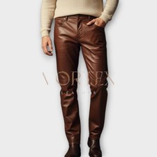 Men's Brown Genuine Sheepskin Leather Biker Pant, Motorcycle Style