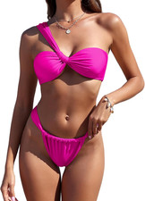 Women'S One Shoulder Bikini Twisted Ruched High Cut Bandeau Bikini Set Two Piece