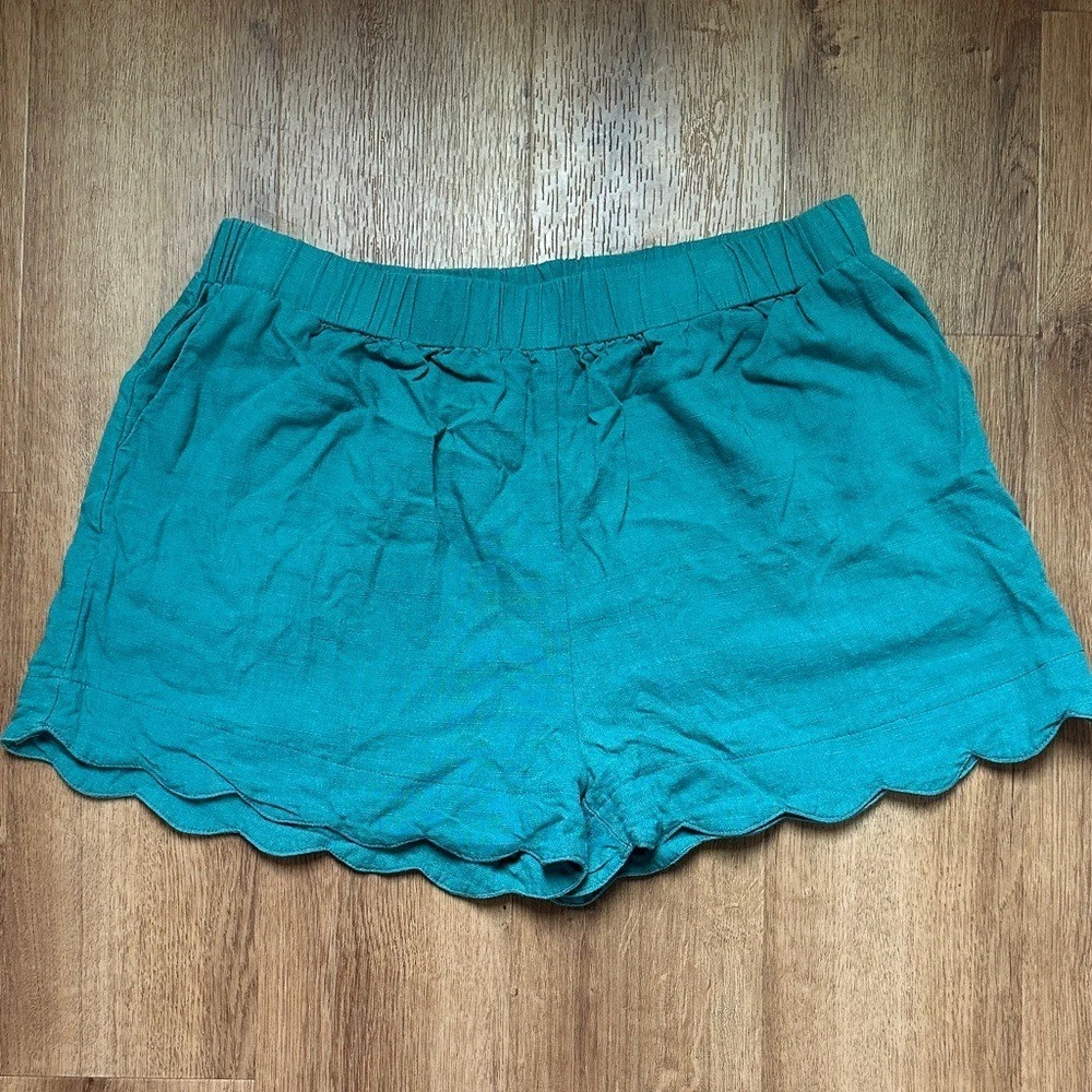 Umgee Women's Teal Linen Cotton Scallop Hem Pull On Shorts Size L