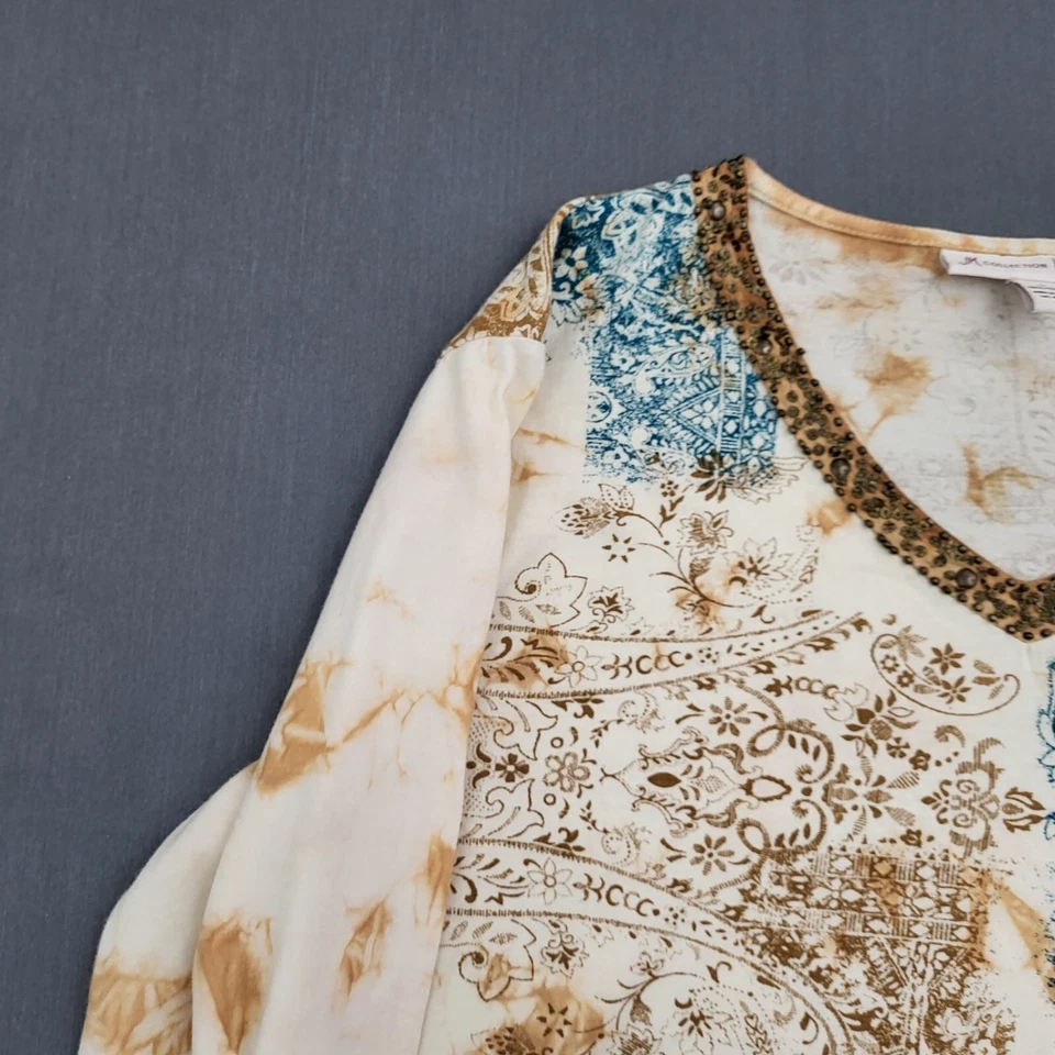 JM Collection Shirt Womens Peite PL 3/4 Sleeve V Neck Pullover Paisley Beige - Image 2 of 4