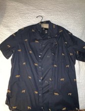 H M Men  s M Blue Cheetah Animal Print Short Sleeve Button-Up Regular Fit